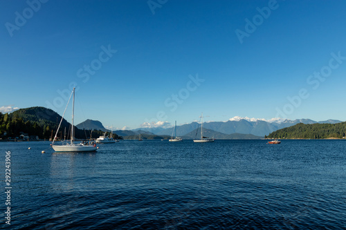 Distant boats on the water near Gibsons, BC