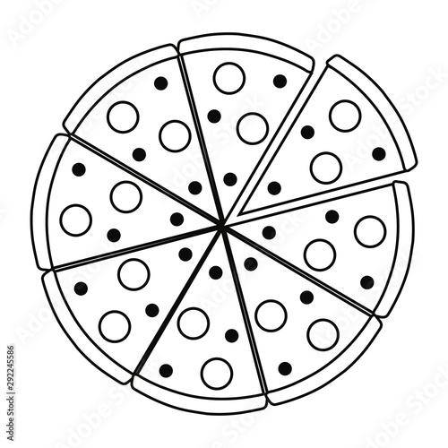 Complete, round pizza vector illustration in black and white.