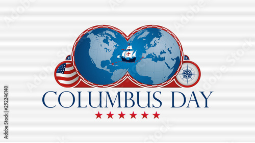COLUMBUS DAY Greeting card. Map of America and Europe with red frame and a caravel in the middle, USA flag and compass inside circles on white background. Vector image