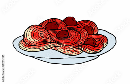 Vector illustration of a plate of spaghetti with meatballs and tomato sauce