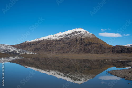 River Holmsa, Glacier Flaajokull and mountain and Flafjall mountain in south Iceland