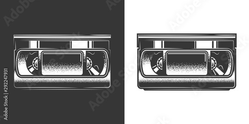 Original monochrome vector illustration. Old VHS videotape in retro style