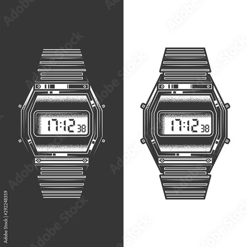 Original monochrome vector illustration. Old electronic wristwatch with alarm clock and flashlight in retro style