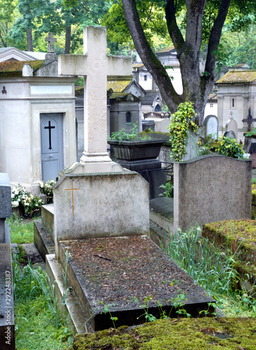 Graves and tombs in Père Lachaise cemetery, Paris, France, spring, 2019.