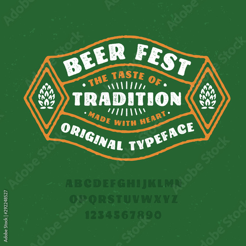 "Beer fest" typeface. Vector hand crafted font in medieval style with hops. Good for posters, alcohol label and festival invitation.Letters and numbers.Vector illustration.