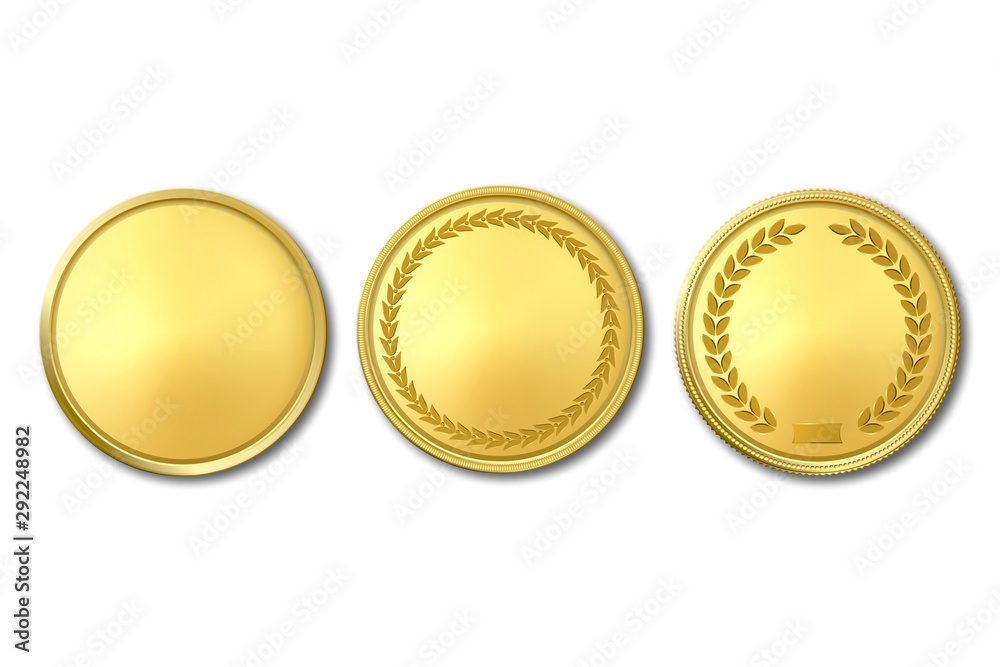 Vector 3d Realistic Golden Metal Blank Coin Icon Set Closeup Isolated on White Background. Design Template, Clipart of Gold Money, Medal, Currensy for Mockup. Financial, Business Concept. Top View Vector 3d Realistic Golden Metal Blank Coin Icon Set Closeup Isolated on White Background. Design Template, Clipart of Gold Money, Medal, Currensy for Mockup. Financial, Business Concept. Top View