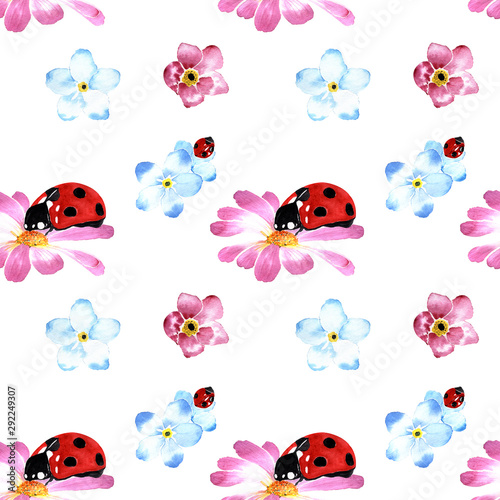 watercolor illustration. hand drawing. Seamless pattern of pink and blue flowers and ladybugs.
