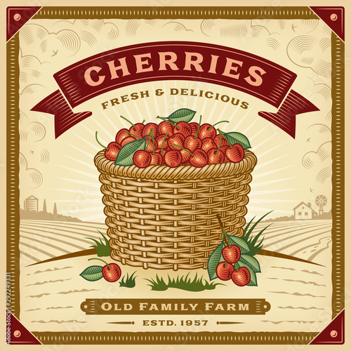 Retro cherry harvest label with landscape. Editable EPS10 vector illustration with clipping mask and transparency in woodcut style.