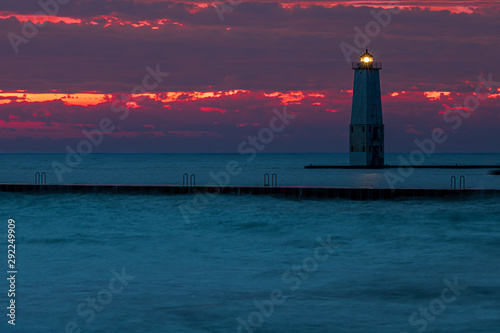 Lake Michigan lighthouse at sunset