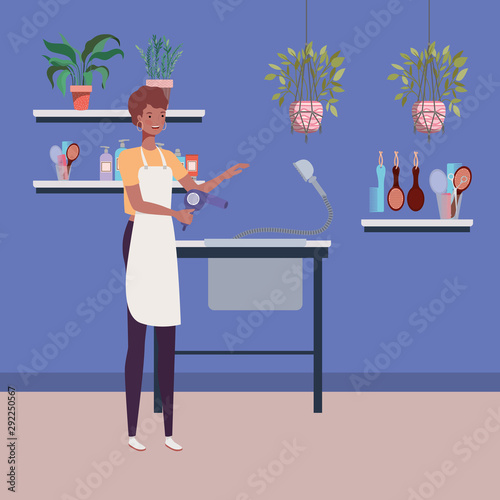 afro woman stylist working in salon workplace scene