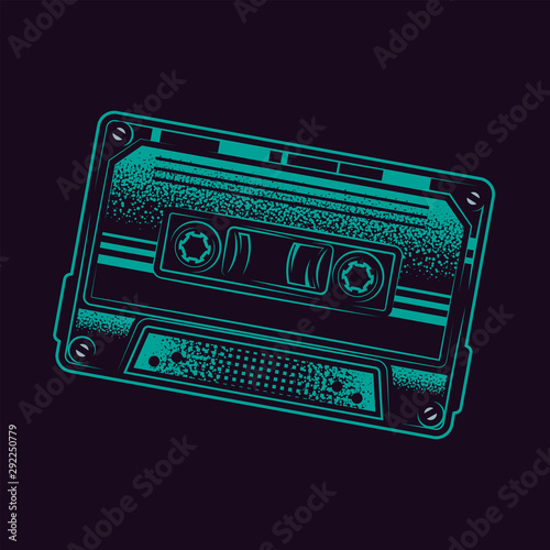 Original neon green vector illustration vintage music cassette with magnetic tape in retro style