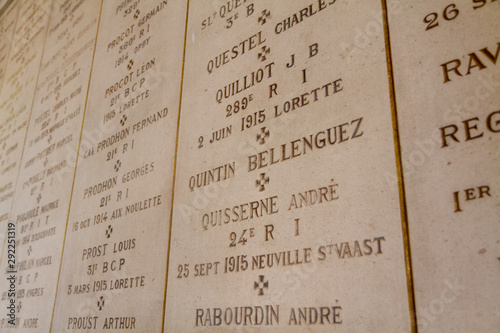 Ablain-Saint-Nazaire, France. 2019/9/14. Names of soldiers fallen in WW I. Church of Notre-Dame-de-Lorette at memorial of the WW I (1914-1918).