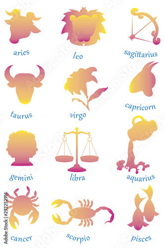 Colored silhouette of the 12 zodiac signs on a white background