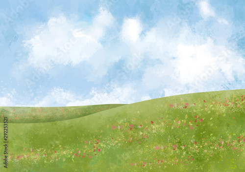 丘　大地　緑　景色　青空　空　自然　背景　水彩　手描き　青空　空
