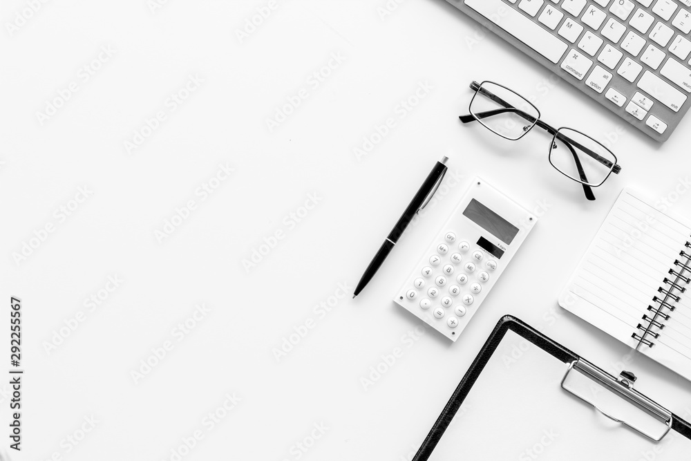 Minimalistic white office desk flat lay space for text top view Minimalistic white office desk flat lay space for text top view