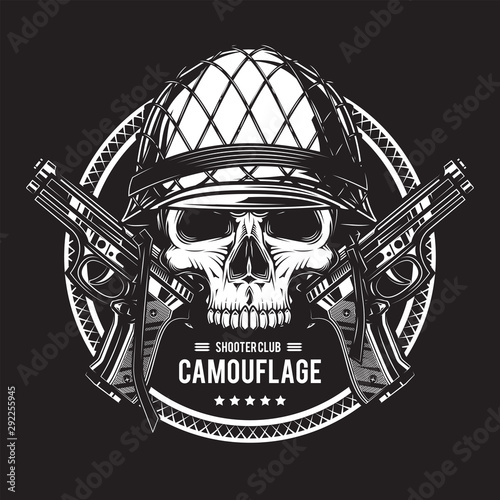 Original monochrome vector illustration. Emblem shooter club. Skull in a military helmet with a gun