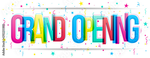 Grand Opening colorful vector text with confetti on a white background. Banner typography card.