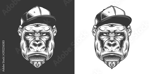 Original monochrome vector illustration. Evil gorilla head in stylish retro style cap. T-shirt or sticker design