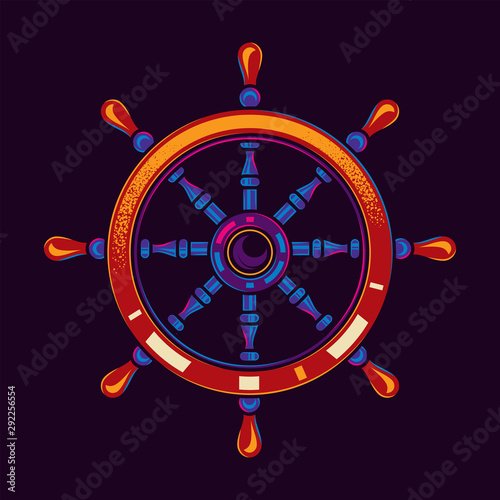 The helm of the ship. Original vector illustration in vintage neon style. Design element.