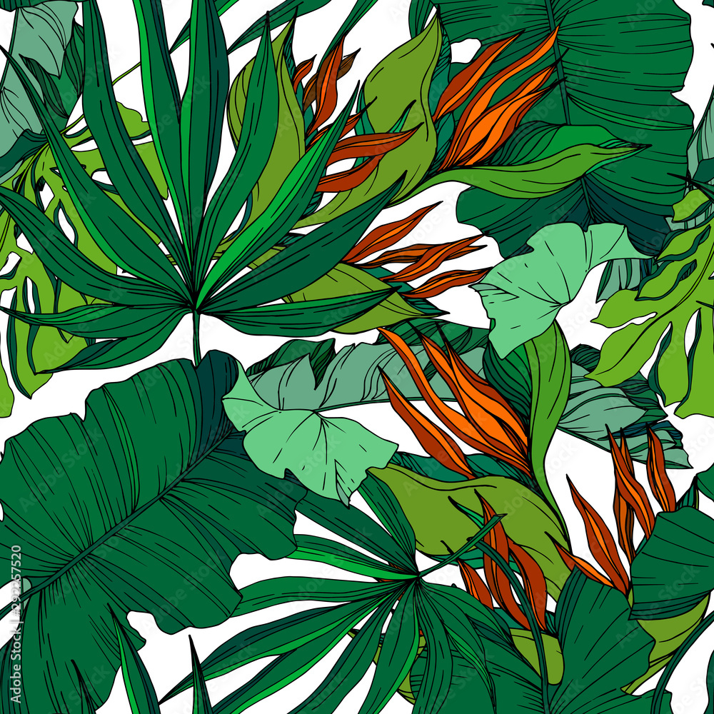 Vector Tropical floral botanical flowers. Black and white engraved ink art. Seamless background pattern. Vector Tropical floral botanical flowers. Black and white engraved ink art. Seamless background pattern.