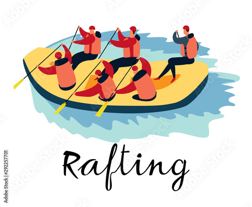 People are rafting. Lettering Rafting. Vector full color graphics. Hand drawing