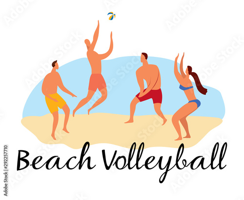 People play ball on the seashore. Lettering Beach Volleyball. Vector full color graphics. Hand drawing