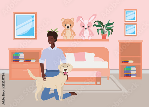 afro man with cute dog mascot in the bedroom
