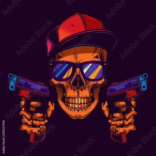 Original neon vector illustration of a skull bandit wearing glasses and a cap, with two guns in his hands. T-shirt or sticker design.