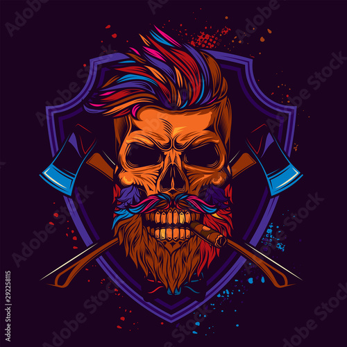 Original neon vector illustration of a lumberjack skull with axes on the background, vintage style. T-shirt or sticker design