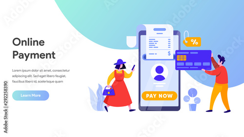 Mobile payment or money transfer concept. E-commerce market shopping online illustration with people character. template for web landing page, banner, presentation, social media, print