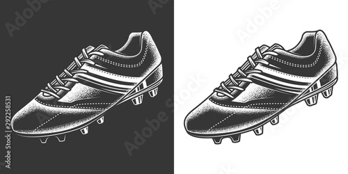 Original monochrome vector illustration of football sneakers in retro style. Design element
