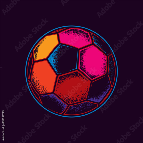 Original neon vector illustration of a soccer ball in vintage style. Creative design element