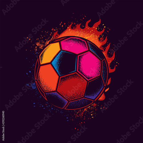 Abstract neon vector illustration of a soccer ball against a bright flame of fire. T-shirt or sticker design