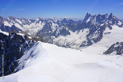 View of the Vallee Blanche covered with snow in the Massif du Mont Blanc over Chamonix, France © eqroy