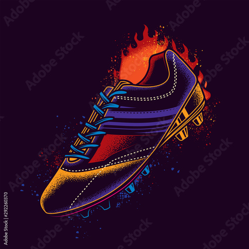 Abstract neon vector illustration of football boots on a background of bright flame of fire. T-shirt or sticker design