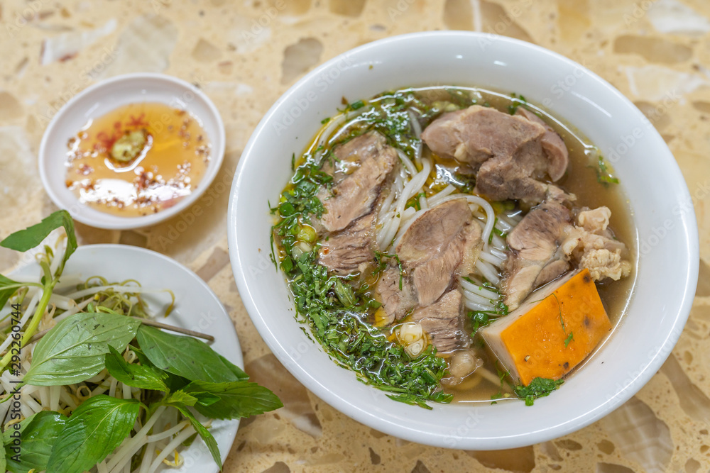Bowl of delicious Vietnamese beef bone noodles soup Bowl of delicious Vietnamese beef bone noodles soup
