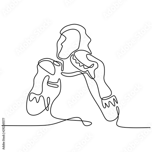 Continuous one line drawing of girl eating fast or junk food minimalism design vector illustration