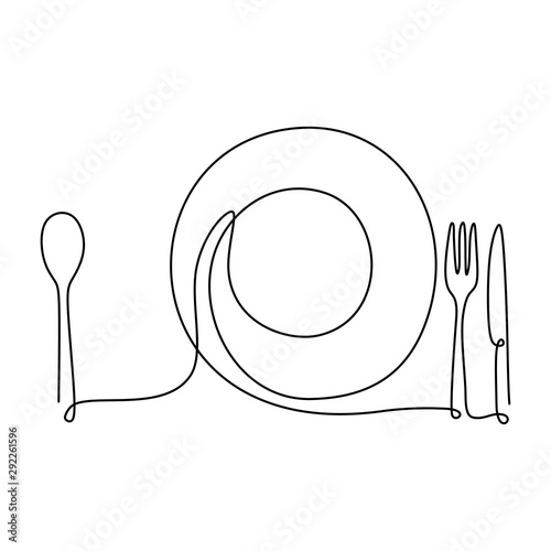 One continuous line plate, knife and fork. Vector illustration minimalist design.