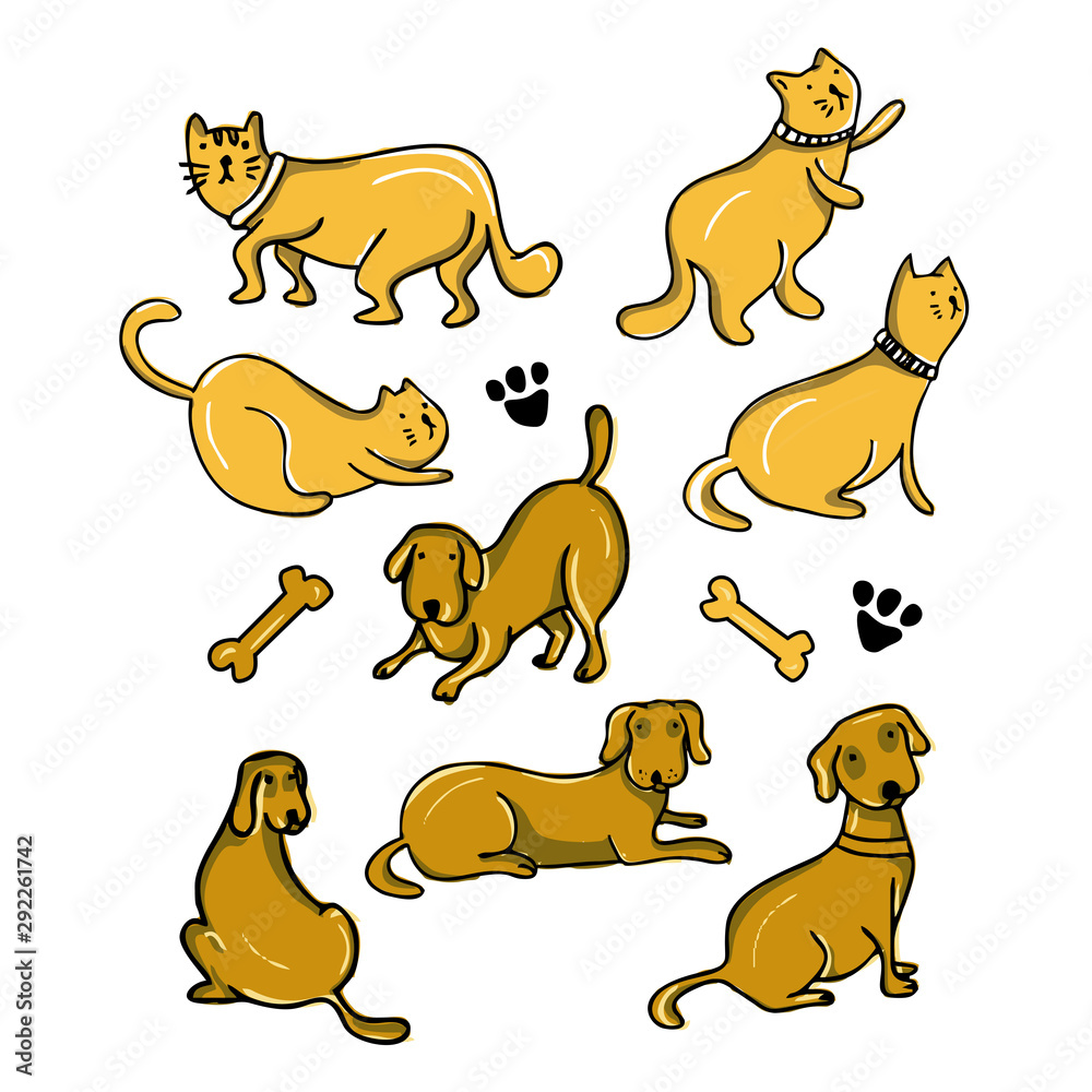 cat and dog cartoon drawing set design vector illustration pack  collections. Cute characters. Stock Vector | Adobe Stock