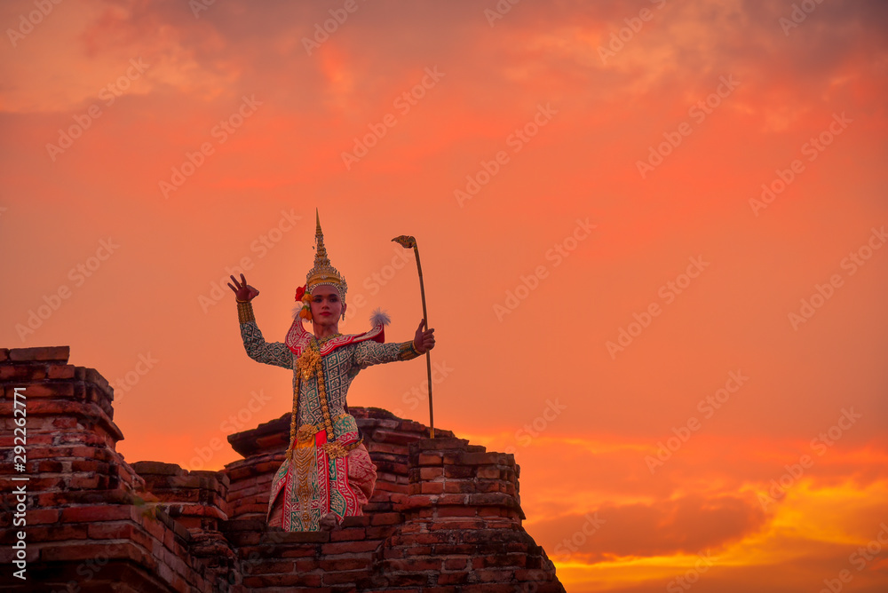 Khon is art culture Thailand Dancing in masked Tossakan showed