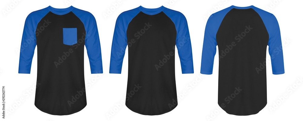 Set of t shirt raglan 3/4 sleeve bundle front and back view isolated on white background. Ready for your mockup design. | Adobe Stock
