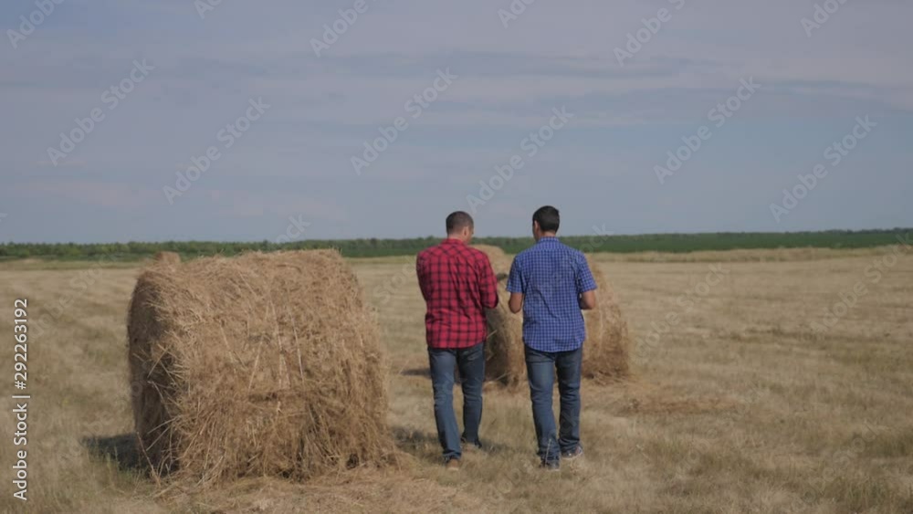 teamwork agriculture smart farming concept. two men farmers workers lifestyle walking studying haystack in field on digital tablet. teamwork slow motion video. people agronomist botanist farmers teamwork agriculture smart farming concept. two men farmers workers lifestyle walking studying haystack in field on digital tablet. teamwork slow motion video. people agronomist botanist farmers