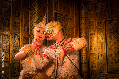 Khon is art culture Thailand Dancing in masked  Hanuman and Suvannamaccha are lovers showing in literature Ramayana.Khon is thailand culture and traditional. photo