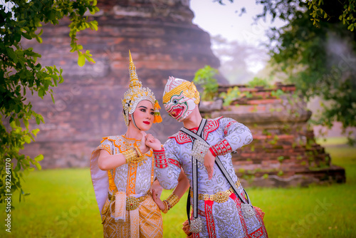 Khon is art culture Thailand Dancing in masked  Hanuman and Suvannamaccha are lovers showing in literature Ramayana.Khon is thailand culture and traditional. © APchanel