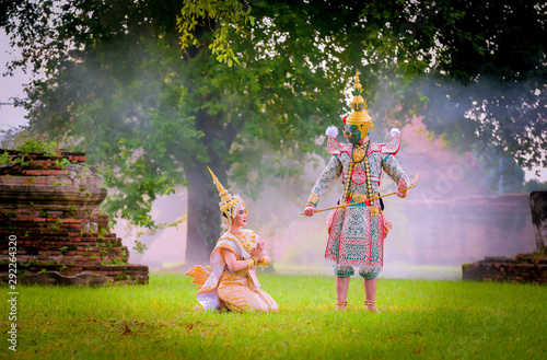 Khon is art culture Thailand Dancing in masked Tos-sa-kan and Suvannamaccha  are showed between Father and daughter in literature Ramayana.Khon is thailand culture and traditional. photo