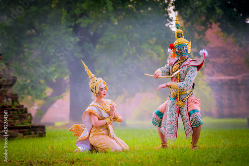 Photo Khon is art culture Thailand Dancing in masked Tos-sa-kan and Suvannamaccha  are showed between Father and daughter in literature Ramayana