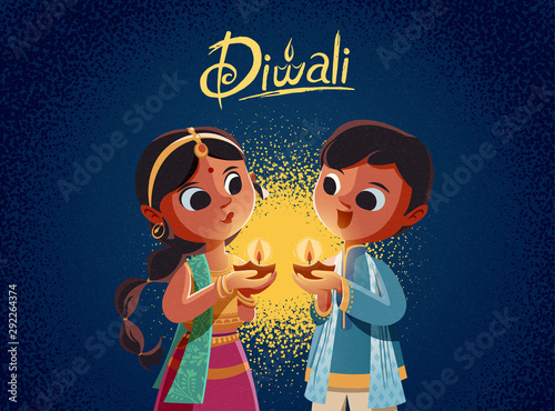 Diwali children holding oil lamps