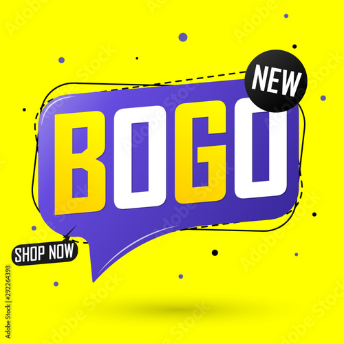 BOGO, sale banner design template, buy 1 get 1 free, discount speech bubble tag, vector illustration