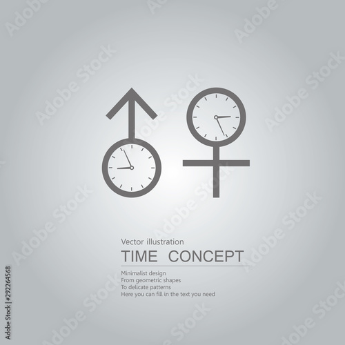 Clock and gender symbols. Isolated on grey background.