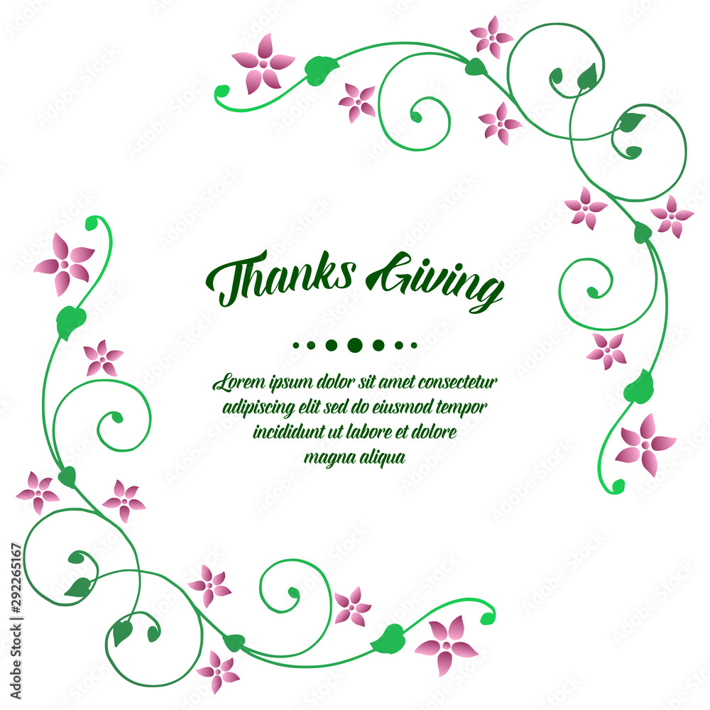 Shape unique frame with drawing of purple flower and green leaves, perfect for card thanksgiving. Vector